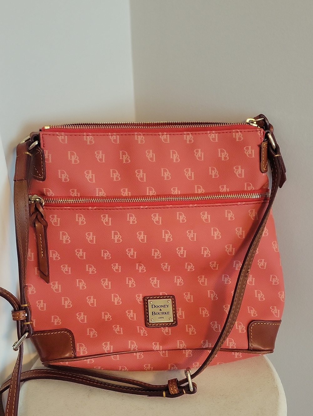 Dooney & Bourke Coral Pink Crossbody with Brown Leather Trim